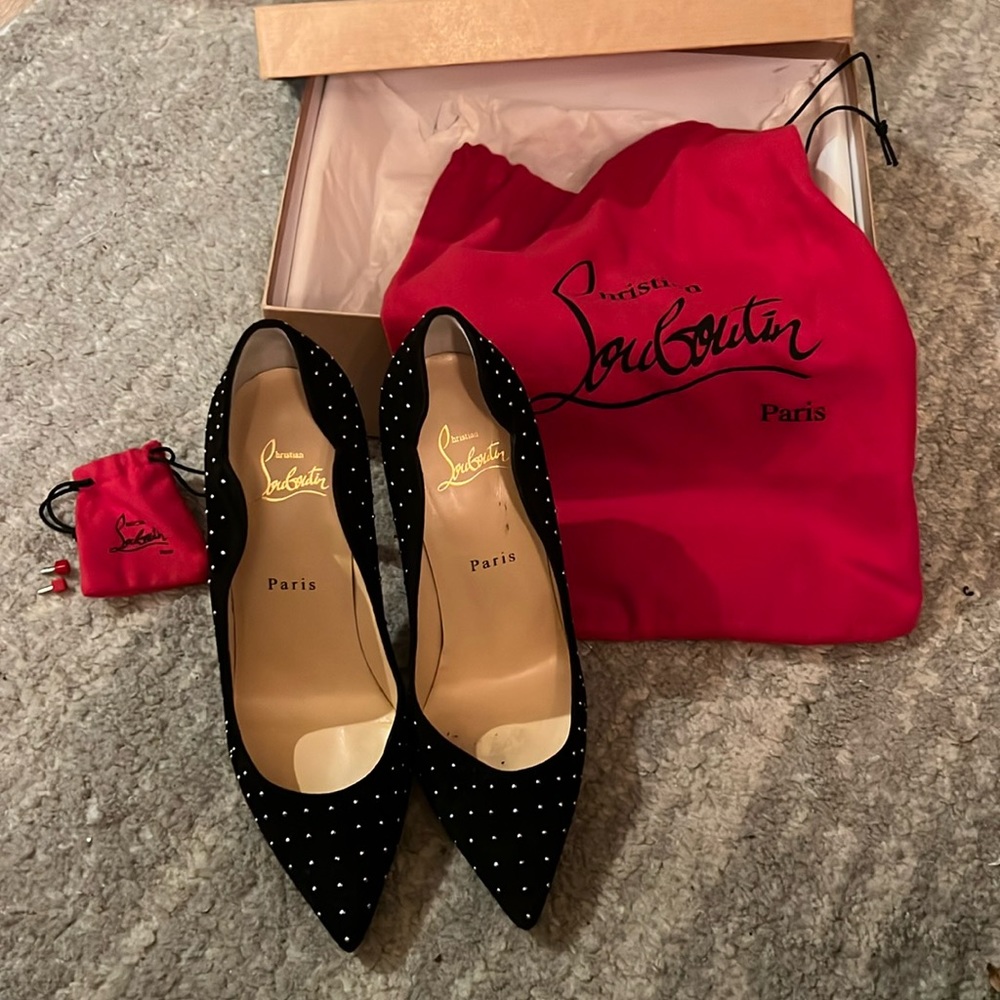 Louboutin studded black suede 100mm pumps, size 38